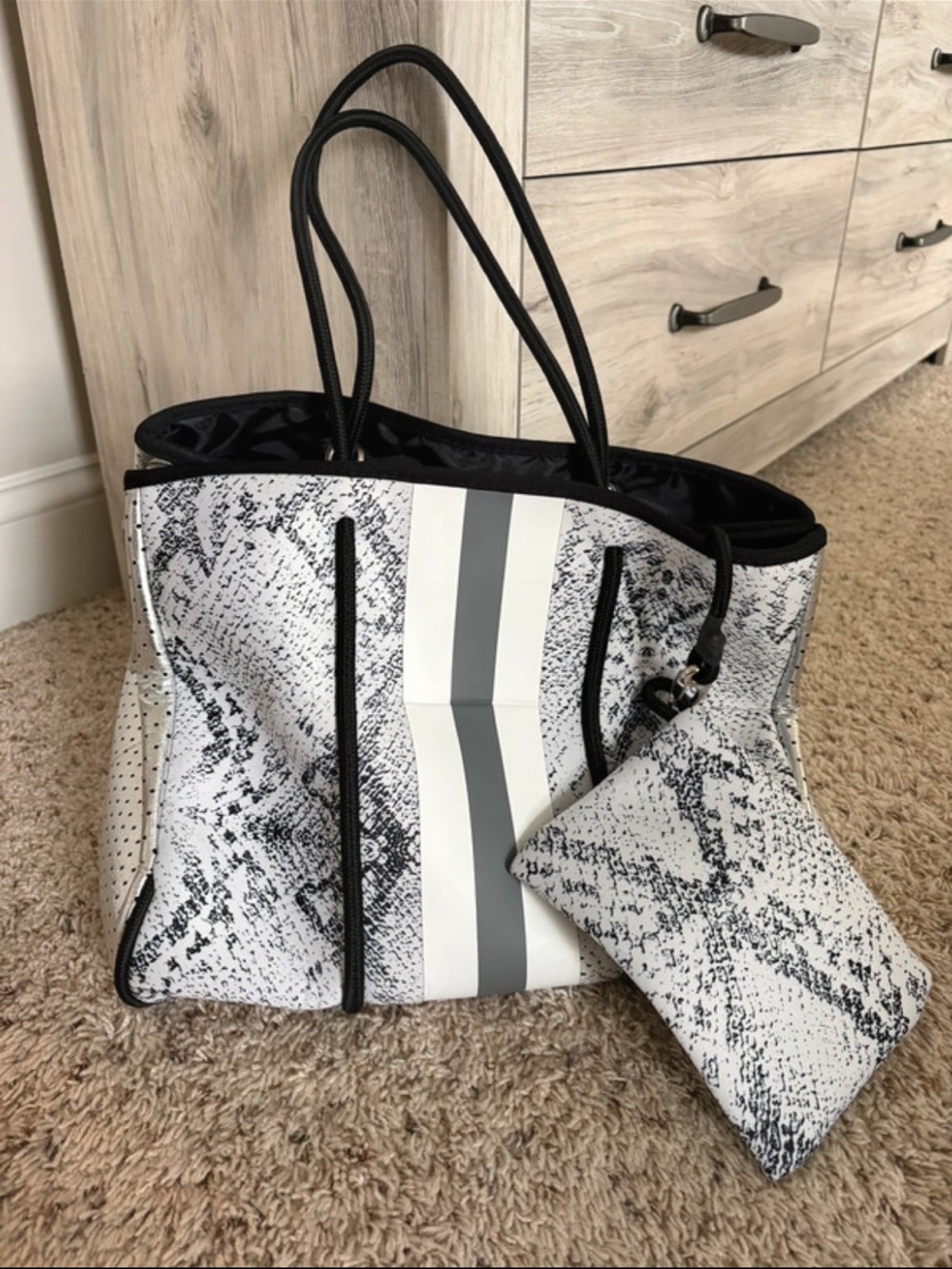 White Snake-Print Tote with Gray Center Stripe and Black Trim